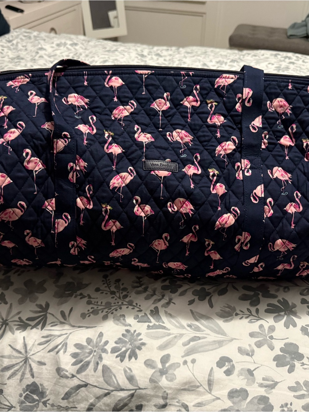 Vera Bradley Navy Quilted Travel Duffel with Pink Flamingo Print